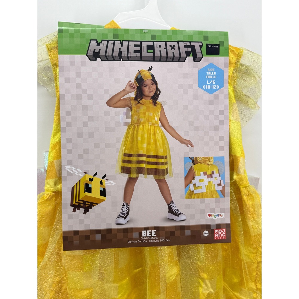 Minecraft Bee Child Costume Disguise Yellow Hooded Dress Wings Large 10-12 NEW
